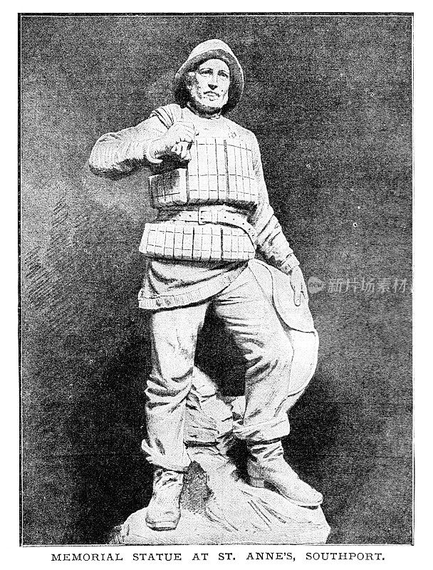 在圣安妮的Southport Merseyside，维多利亚时代的一尊救生艇男子的雕像戴着软木救生带站在那里;纪念1886年的灾难